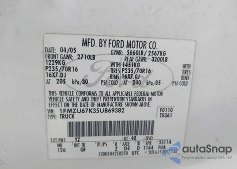 2005 Ford Explorer Sport Trac Adrenalin/Xls/Xlt z USA, uszkodzony, nr VIN 1FMZU67K35UB69382